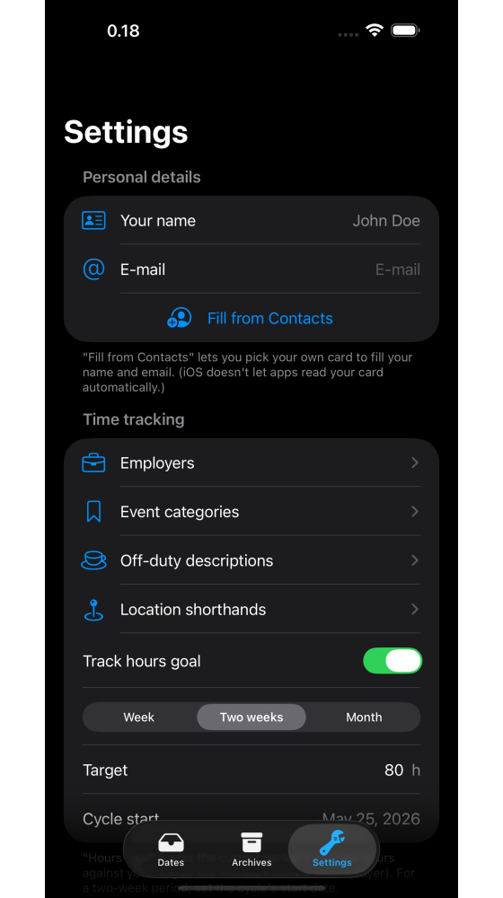 Personal settings and tracking goals