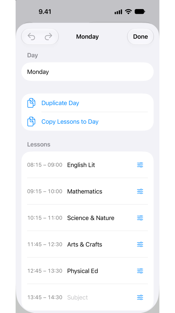 Day lessons & subject timetable