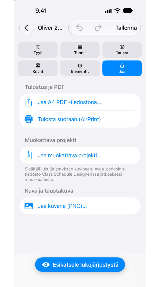 AirPrint-tulostus ja A4 PDF -vienti