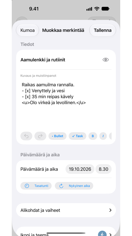 Rikas tekstieditori ja alikohteet