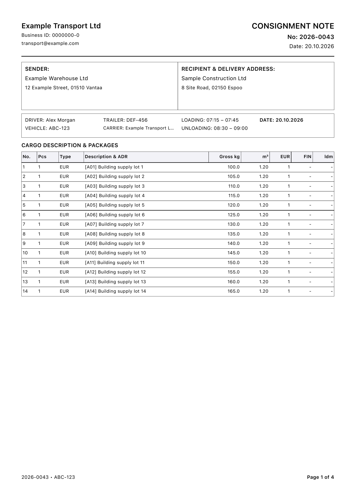 Multi-page waybill — 38 cargo rows